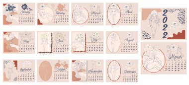 Güzel bir kadın figürü, basit bir şablon, vücut pozitifliği. 2022 için yatay takvim, hafta pazar günü başlıyor. A4 biçimi.