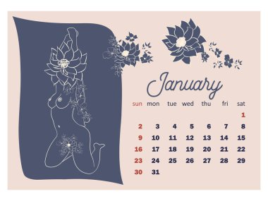 Çiçekli, bej tonlu güzel kadın siluetleri. 2022 için duvar yatay takvimi, hafta pazar günü başlıyor. A4 biçimi.