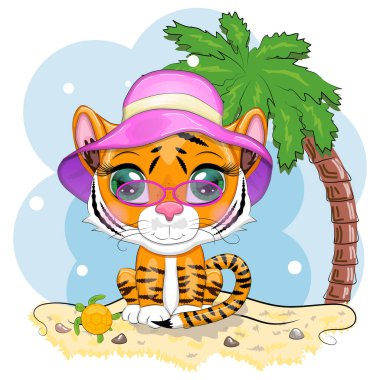 Plajda palmiye ağacı ve kaplumbağası olan bir şapkalı çizgi film kaplanı. Tatil, deniz, dinlenme. Çocuk tarzı, tatlım. 2022 yılının sembolü.