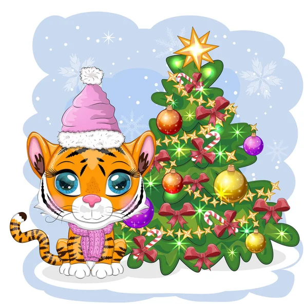 戴着帽子和围巾的卡通老虎 带着礼物来到圣诞树旁 冬天的时候孩子的风格 亲爱的 祝2022年新年和圣诞快乐 — 图库矢量图片