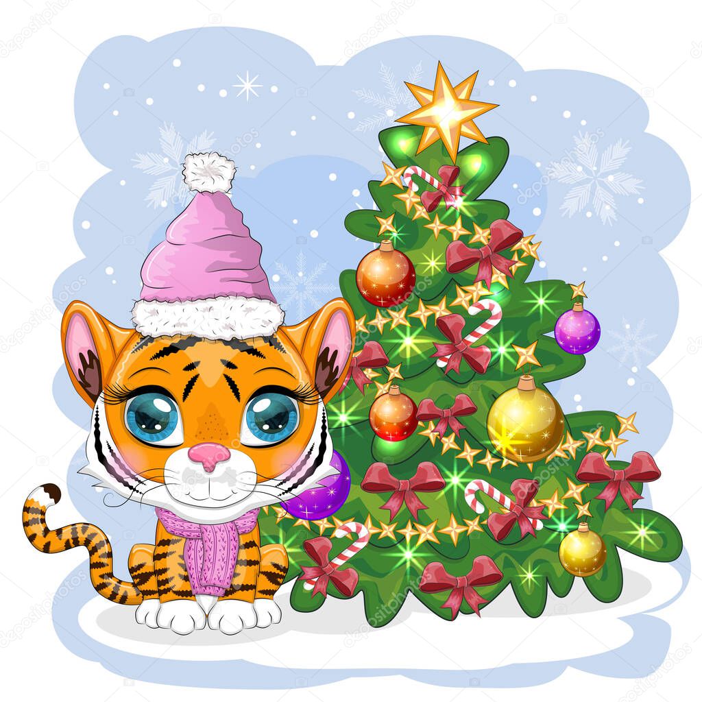 Cartoon tiger in a hat and scarf with a gift near the Christmas tree. Winter time. Children's style, sweetheart. Happy New Year 2022 and Merry Christmas. greeting card