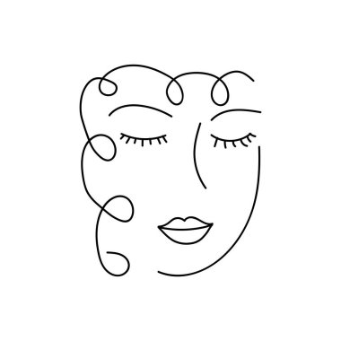 Modern Soyut Yüz Portresi. Doğrusal Mürekkep Fırçası. Çizgi Sanat. Moda Tarzı Siyah ve Beyaz Soyutlama Posteri.