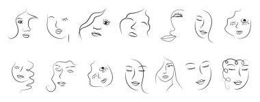 Modern Soyut Yüz Portresini Ayarla. Doğrusal Mürekkep Fırçası. Çizgi Sanat. Moda Tarzı Siyah ve Beyaz Soyutlama Posteri.