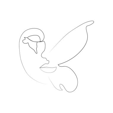 Portre minimalist stil. Yüzün yarısı dişi, yüzünün yarısı kelebek kanadı. Güzellik konsepti. Kirpikleri kelebeğin kanat hatlarını takip ediyor. İçerideki kadın.