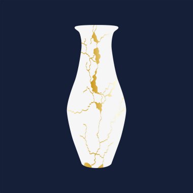 Yenilenmiş kintsugi Japon vazosu resim çizimi. Çizik tahta stili taklit. Çaydanlık, tabak, vazo