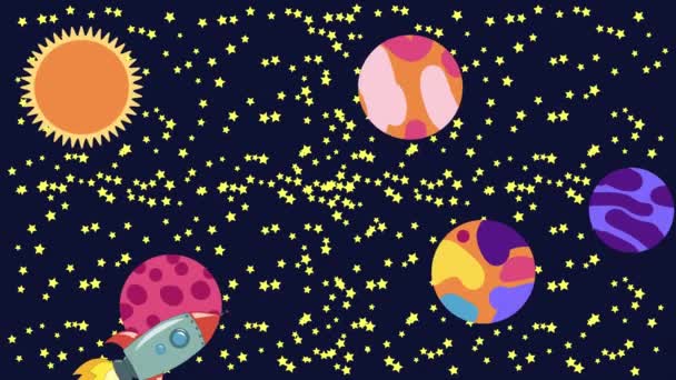 Cartoon Space. Kreslená raketa létá vesmírem kolem zavěšených planet, satelitů a dalších objektů. — Stock video