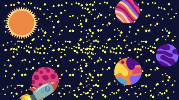 Cartoon Space. La fusée caricaturale vole dans l'espace au-delà des planètes, satellites et autres objets suspendus. — Video