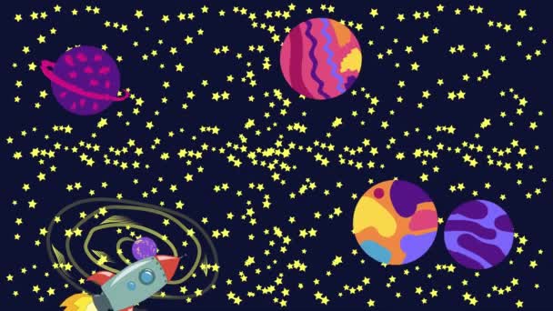 De tekenfilmruimte. Cartoon raket vliegt in de ruimte voorbij de zwevende planeten, satellieten en andere objecten. — Stockvideo