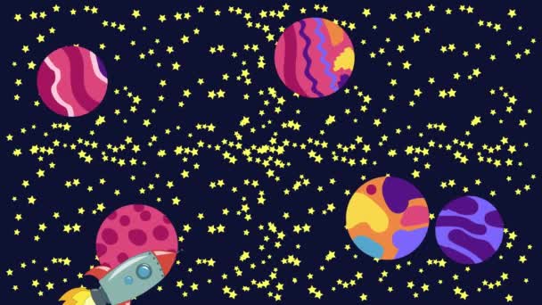 Espaço dos desenhos animados. Cartoon moscas foguete no espaço exterior passado os planetas suspensos, satélites e outros objetos. — Vídeo de Stock