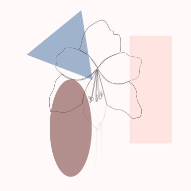 Şekiller, desenler, tropikal yapraklar ve çiçekli bir çizgi. Moda tasarımı için soyut illüstrasyon, modern kapak, poster, minimal düz stil şablon