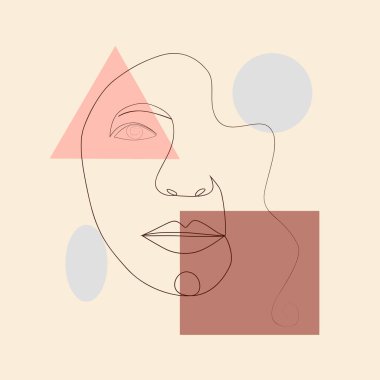 Kadın yüzünün minimalist portresi aralıksız tek bir çizgide. Geometrik şekillere elle çizilmiş, kadınsı bir iz. Sosyal medya, güzellik logoları, poster çizimleri, kartpostallar, tişört baskıları için.