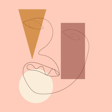 Kadın yüzünün minimalist portresi aralıksız tek bir çizgide. Geometrik şekillere elle çizilmiş, kadınsı bir iz. Sosyal medya, güzellik logoları, poster çizimleri, kartpostallar, tişört baskıları için.