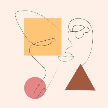 Kadın yüzü ve kelebek. Kelebekli çizgili kadın elleri. Bir çizgi çizerek soyut bir yüz ve kelebek. Portre minimalist stil. Botanik parmak izi. Kozmetiğin doğa sembolü.