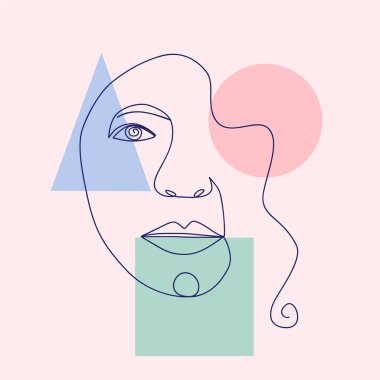 Kadın yüzünün minimalist portresi aralıksız tek bir çizgide. Geometrik şekillere elle çizilmiş, kadınsı bir iz. Sosyal medya, güzellik logoları, poster çizimleri, kartpostallar, tişört baskıları için.