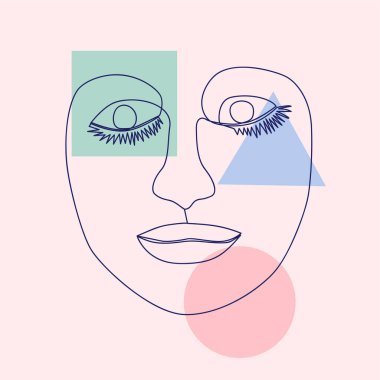 Kadınların Yüzü Devamlı Çizgi Sanatı. Modern moda tarzında, geometrik şekillerin soyut Çağdaş kolajı. Dekoratif Sanat, Soyut Sanat Yazıcıları, Modern Duvar Sanatı