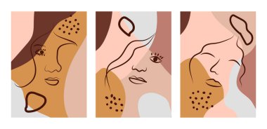 Kadının Yüzü Sürekli Çizgi Sanatı seti. Modern moda tarzında, geometrik şekillerin soyut Çağdaş kolajı. Güzellik Konsepti için bir kadın portresi