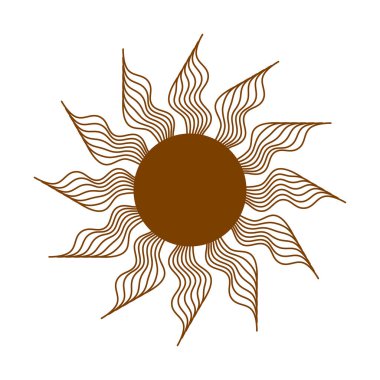 Sihirli konsept, yüzlü klasik güneş, altın rengi, trend bej rengi, stilize oyma. Astroloji için illüstrasyon, boho tasarımı, falcılık için pagan sembolleri..