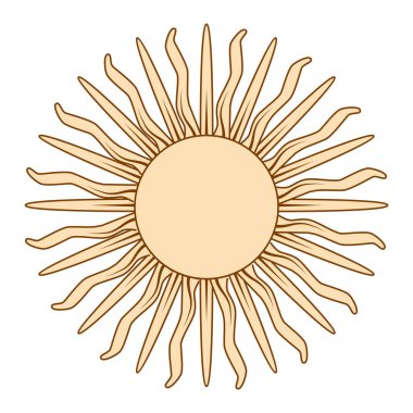 Sihirli konsept, yüzlü klasik güneş, altın rengi, trend bej rengi, stilize oyma. Astroloji için illüstrasyon, boho tasarımı, falcılık için pagan sembolleri..