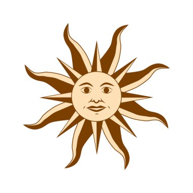 Sihirli konsept, yüzlü klasik güneş, altın rengi, trend bej rengi, stilize oyma. Astroloji için resim, boho tasarımı, kehanet için pagan sembolleri.