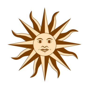 Sihirli konsept, yüzlü klasik güneş, altın rengi, trend bej rengi, stilize oyma. Astroloji için illüstrasyon, boho tasarımı, falcılık için pagan sembolleri..