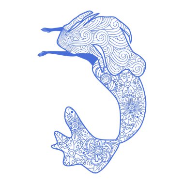 Zentangle tarzı güzel denizkızı, desenli deniz kızı kuyruğu, yetişkinler için stres önleyici boyama kitabı.