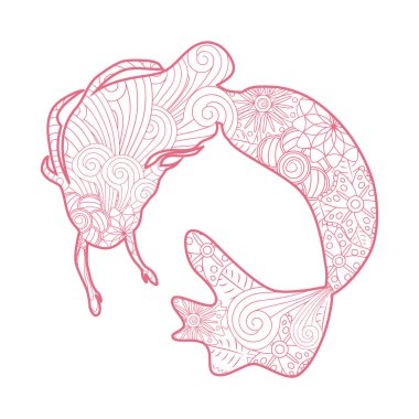 Zentangle tarzı güzel denizkızı, desenli deniz kızı kuyruğu, yetişkinler için stres önleyici boyama kitabı.