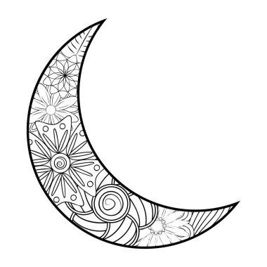 Çiçekli, mandalalı ve desenli el çizimi ay. Siyah ve beyaz çiçek desenleri. ay, zentangle, çiçekler
