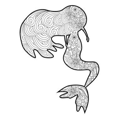 Zentangle tarzı güzel denizkızı, desenli deniz kızı kuyruğu, yetişkinler için stres önleyici boyama kitabı.