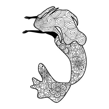 Zentangle tarzı güzel denizkızı, desenli deniz kızı kuyruğu, yetişkinler için stres önleyici boyama kitabı.