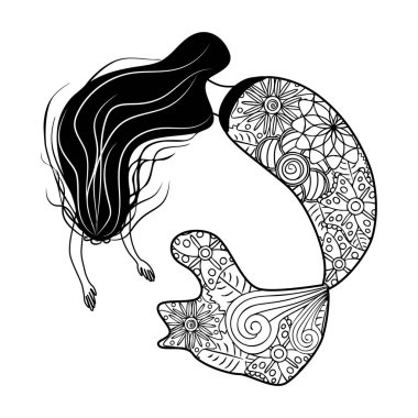 Zentangle tarzı güzel denizkızı, desenli deniz kızı kuyruğu, yetişkinler için stres önleyici boyama kitabı.