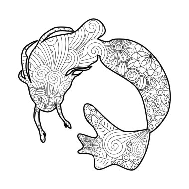 Zentangle tarzı güzel denizkızı, desenli deniz kızı kuyruğu, yetişkinler için stres önleyici boyama kitabı.