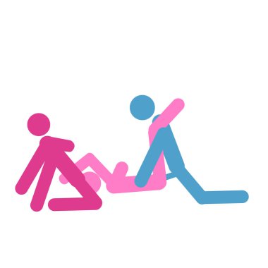 Üçlü seksin çizgi film pozu. Erotik tutku konsepti düz tasarım. Kamasutra, sevişmek için şematik pozisyonlar. Mavi ve pembe, biseksüel, erkekler ve kadınlar birbirini sever.