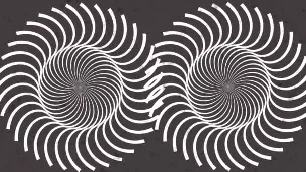 Psychedelisch verdrehte Kreise. Runde, schwarz gestreifte, weiße Linien. Wirbelnde hypnotisch rotierende Abstraktion. Op-Art-Effekt, optische Täuschung. Nahtlose Looping-Animation. — Stockvideo