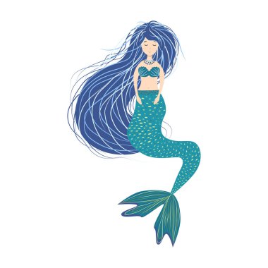 Çizgi filmdeki çelenk içinde güzel bir deniz kızı. Siren sesi. Deniz teması. Beyaz arkaplanda resimler