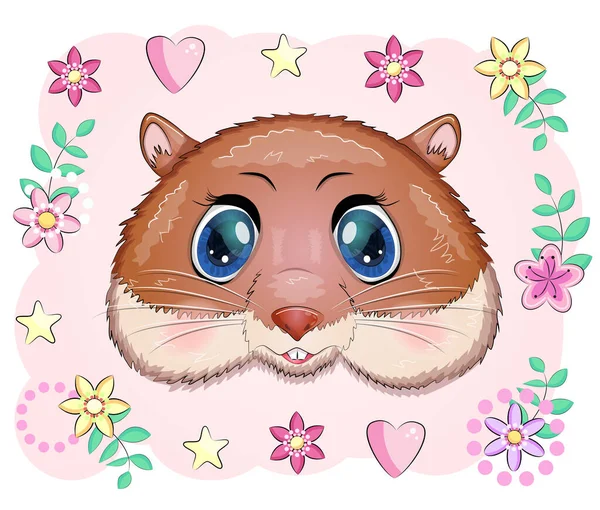 Cute Cartoon Hamster Characters Funny Animal Muzzle Flowers — Stock Vector