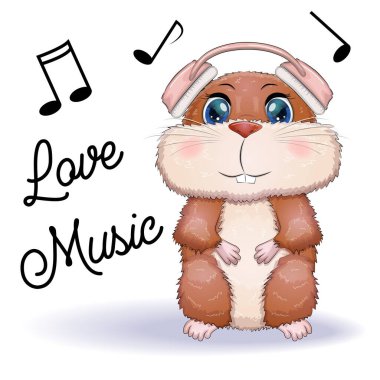 Kulaklık takıp şarkı söyleyen sevimli bir hamster çizgi film karakteri. Beyaz arka planda komik kahverengi kemirgen hayvan.