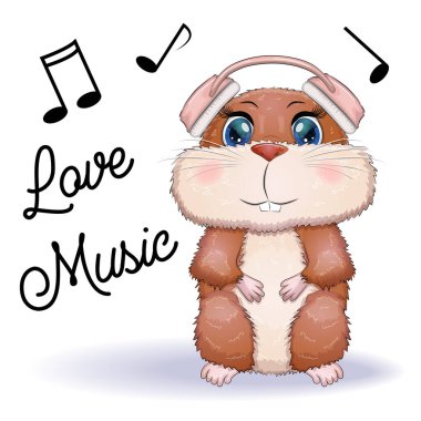Kulaklık takıp şarkı söyleyen sevimli bir hamster çizgi film karakteri. Beyaz arka planda komik kahverengi kemirgen hayvan.