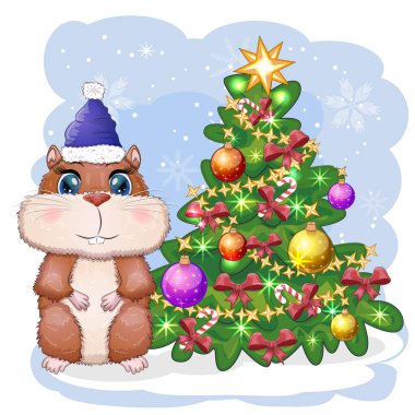 Hamster, Noel ağacının yanında. Komik hamster karakterli Noel kartı. Kış, Noel, hediyeler ve ağaç