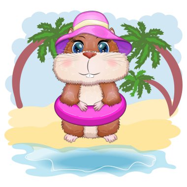 Yüzme çemberinde ve şapkada şirin hamster, yaz konsepti, hamster çizgi film karakterleri, komik hayvan karakteri