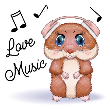 Kulaklık takıp şarkı söyleyen sevimli bir hamster çizgi film karakteri. Beyaz arka planda komik kahverengi kemirgen hayvan.