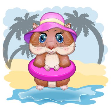Yüzme çemberinde ve şapkada şirin hamster, yaz konsepti, hamster çizgi film karakterleri, komik hayvan karakteri