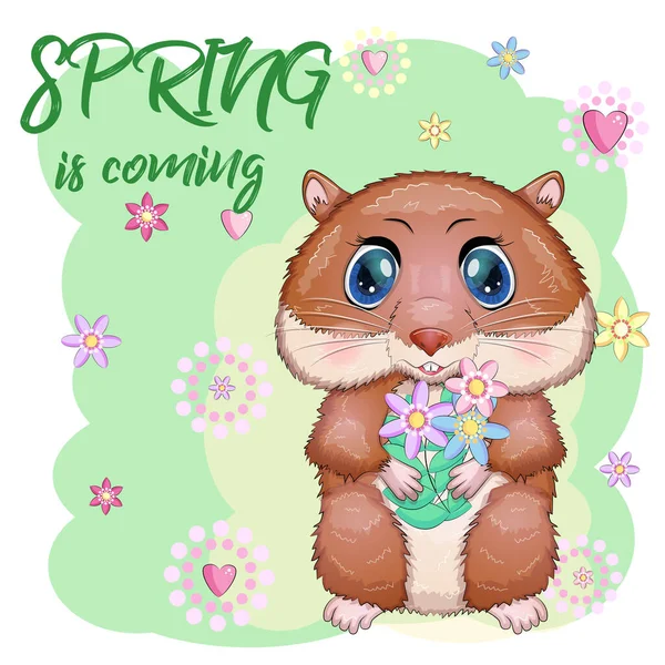 Mignon Personnage Hamster Dessin Animé Drôle Animal Avec Des Fleurs — Image vectorielle