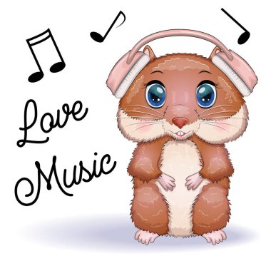 Kulaklık takıp şarkı söyleyen sevimli bir hamster çizgi film karakteri. Beyaz arka planda komik kahverengi kemirgen hayvan.