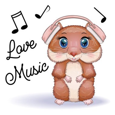 Kulaklık takıp şarkı söyleyen sevimli bir hamster çizgi film karakteri. Beyaz arka planda komik kahverengi kemirgen hayvan.