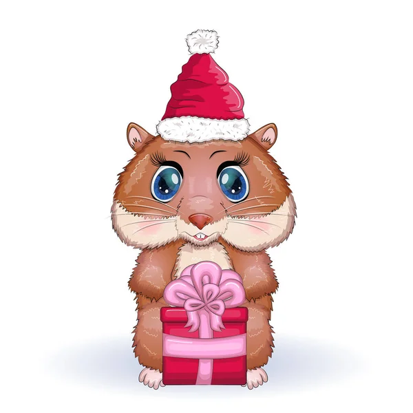 Cute Hamster Santa Claus Hat Gift Christmas Isolated — Stock Vector