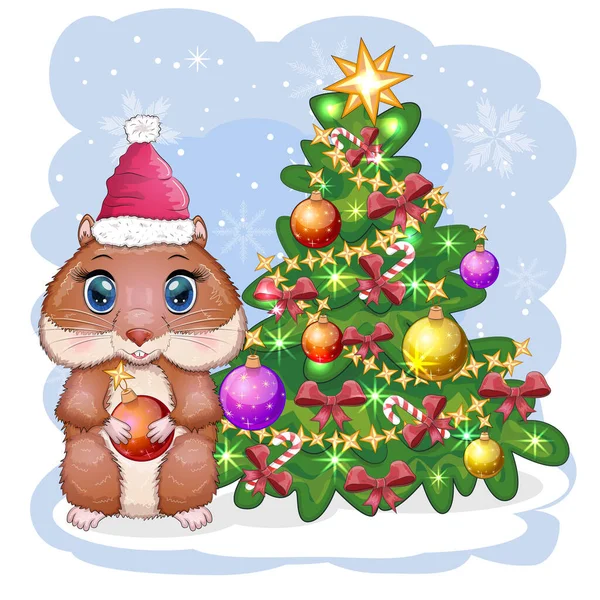 Hamster Christmas Tree Greeting Christmas Card Funny Hamster Character Winter — Stock Vector