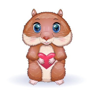 Sevimli hamster ve kalp, çizgi film hamster karakterleri, aşık komik hayvan, Sevgililer Günü kartı.
