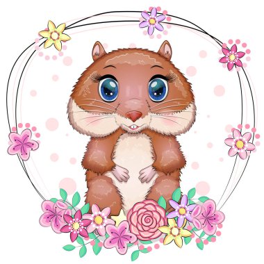 Sevimli çizgi film hamster karakterleri, çiçekli komik hayvan.