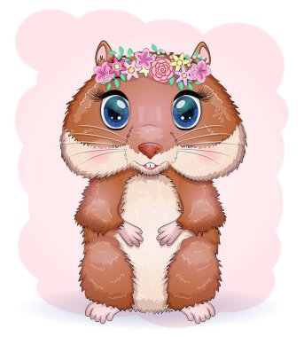 Sevimli çizgi film hamster karakterleri, çiçekli komik hayvan, kemirgen, evcil hayvan