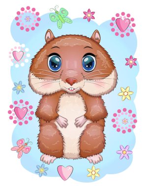 Sevimli çizgi film hamster karakterleri, çiçekli komik hayvan.